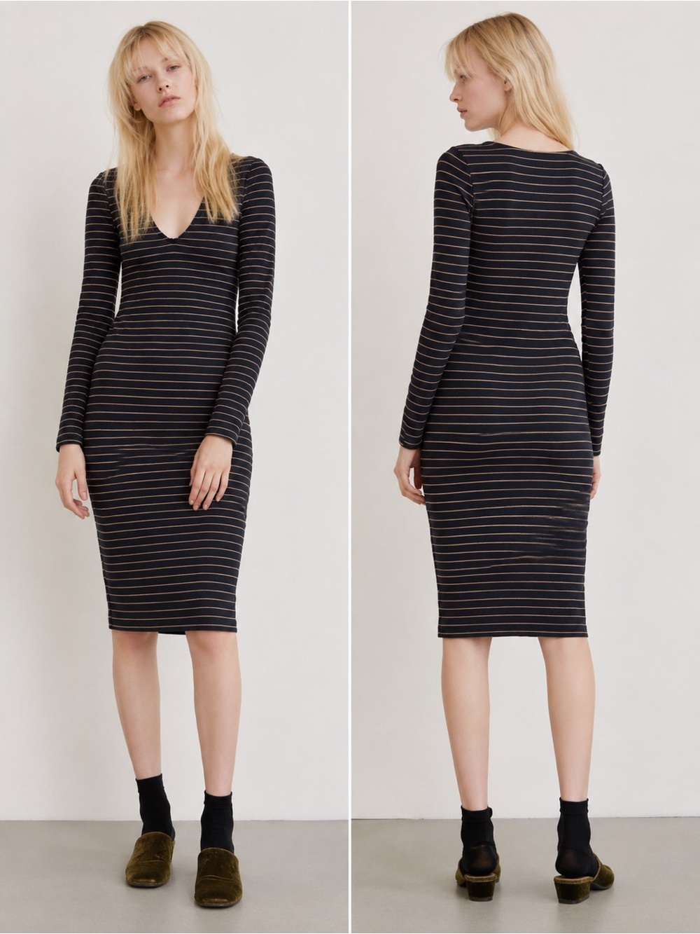 Zara striped king body con long sleeve dress  - Black & Mustard yellow